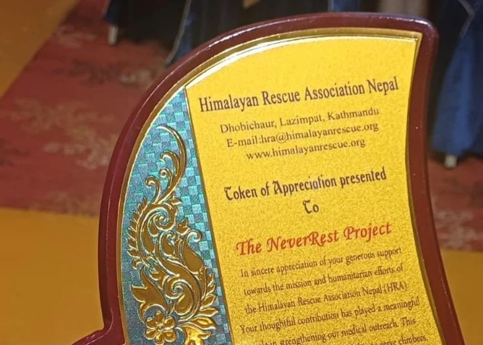 TNP awarded by the Himalayan Rescue Association Nepal for our dedication to mountain safety