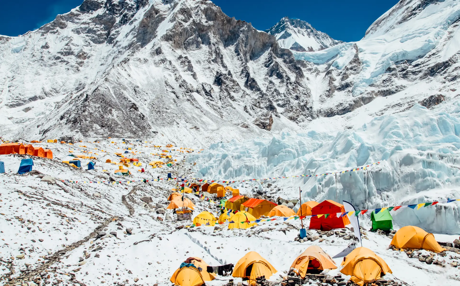 Aerial view of an expedition base camp on a glacier