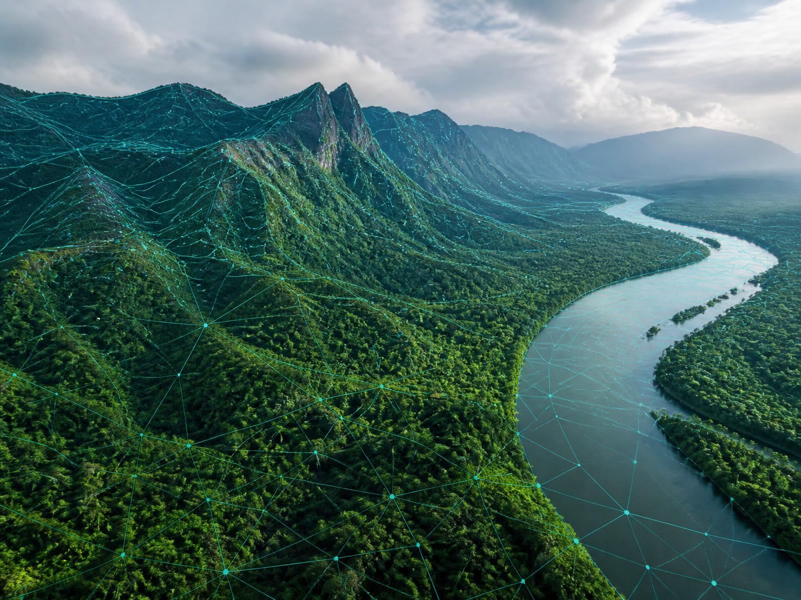 Natural landscape overlaid with a digital data mesh