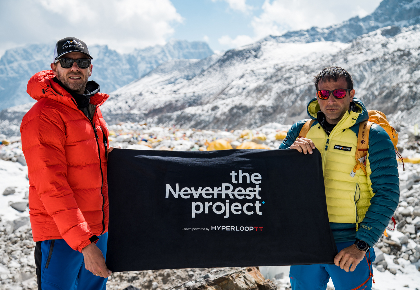 Frédéric Kauffmann and Alex Txikon at Everest Base Camp, 2021.